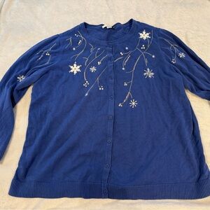CJ Banks Blue Cardigan with White Embroidery Snowflakes